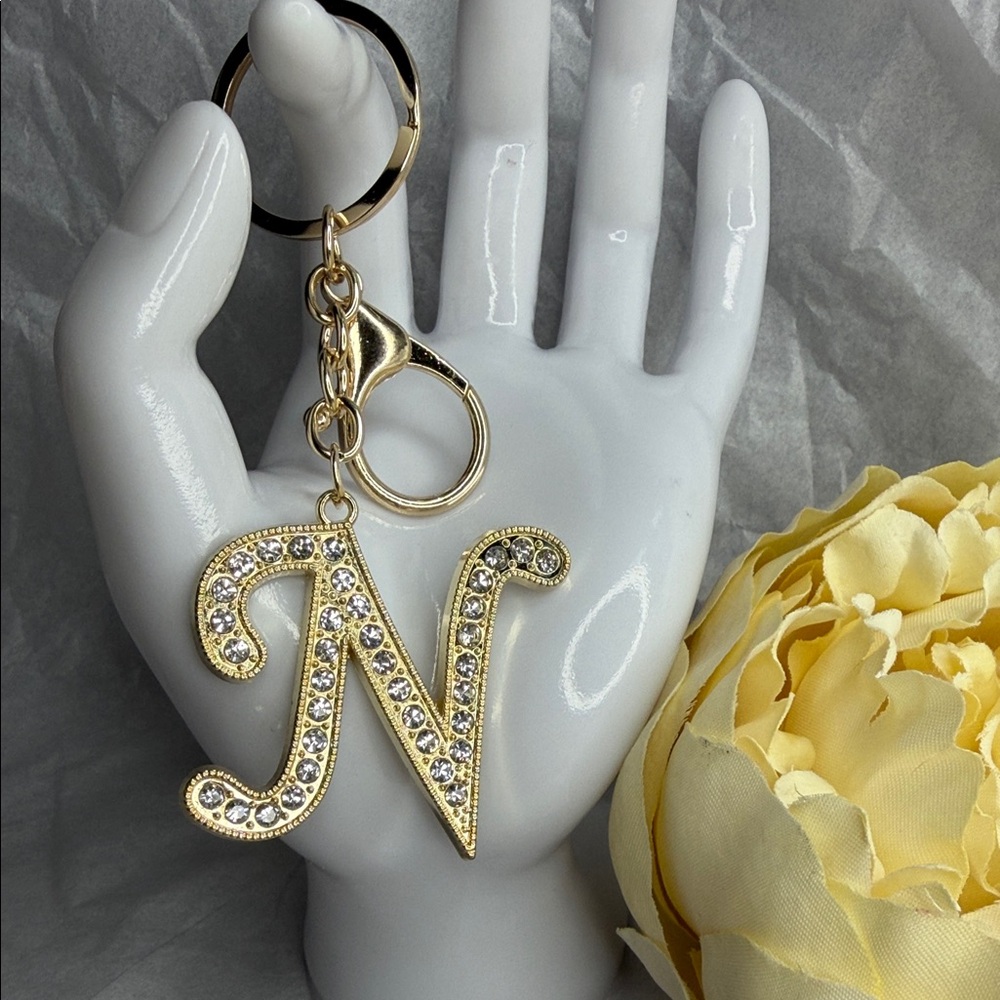 Gold Rhinestone Initial Keychain